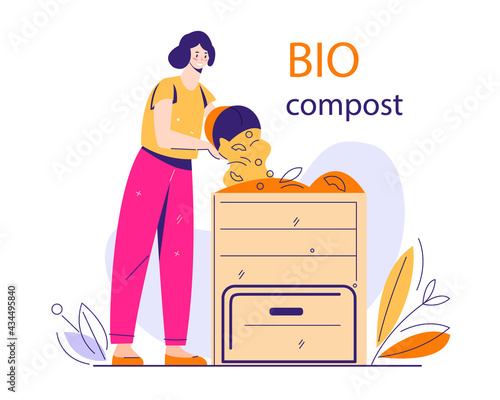Recycling of organic kitchen and garden waste. A young woman puts garbage in the compost bin. Composting concept. Vector illustration in flat cartoon style.