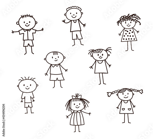 Cute stick boys and girls. Vector illustration in doodle style