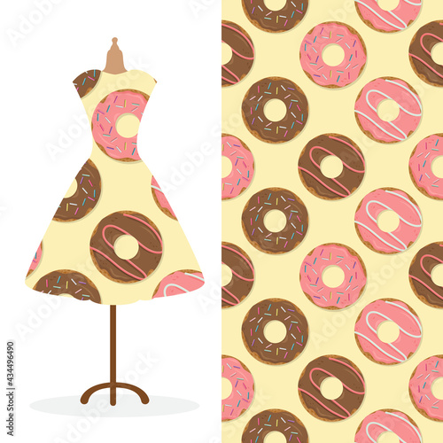 Womens long dress mock up with bright seamless hand drawn pattern for textile, paper print. 