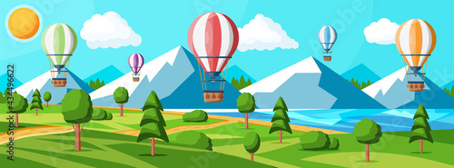 Hot Air Balloon In The Sky With Clouds and Sun. Vintage Air Transport. Nature Outdoor Background. Aerostat With Basket. Nature Landscape Of Green Hills. Flat Vector Illustration