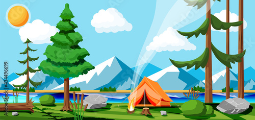 Meadow With Grass And Camping. Tents And Campfire. Summer Landscape Concept. Green Forest And Blue Sky. Countryside Rolling Hills, Lake And Mountains. Trees On The Horizon. Flat Vector Illustration © absent84