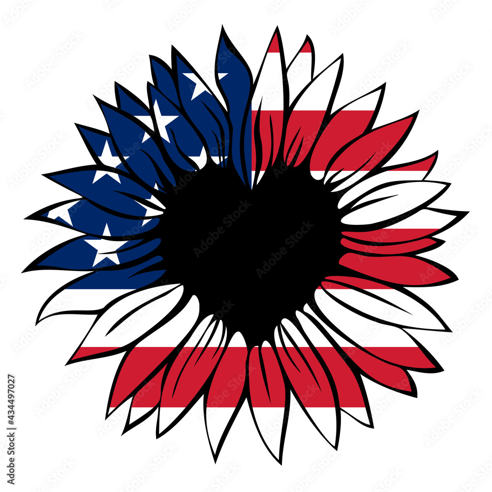Obraz premium Heart shaped sunflower in the colors of the American flag, 4th of July, Independence day, vector illustration isolated on white background