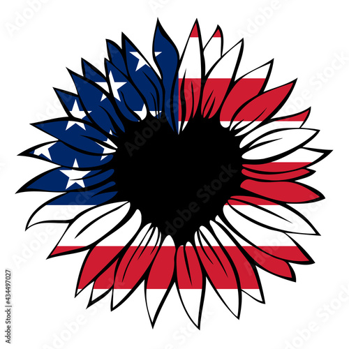 Heart shaped sunflower in the colors of the American flag, 4th of July, Independence day, vector illustration isolated on white background