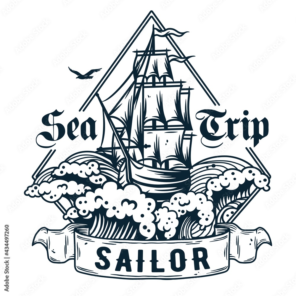Ship for sea print. Marine sailboat for sailor t-shirt. Nautical design emblem with float boat or vessel