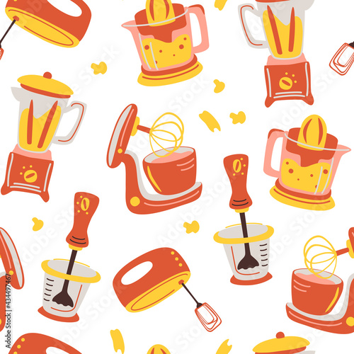 Seamless pattern with kitchen appliances. Household cooking tools - Mixer, Juicer, Blender. Household appliances for the kitchen. Background for restaurant, menu, textile, wallpapers. Vector
