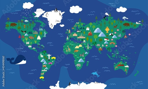 Bright illustrated map of the world with cartoon animals, landmarks for kids.  continents, animals, plant