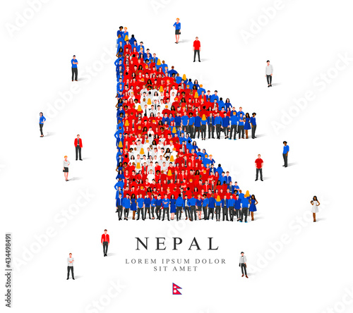 A large group of people are standing in blue, white and red robes, symbolizing the flag of Nepal.
