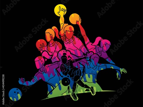 Bowling Sport Players Women Bowler Action Cartoon Graphic Vector
