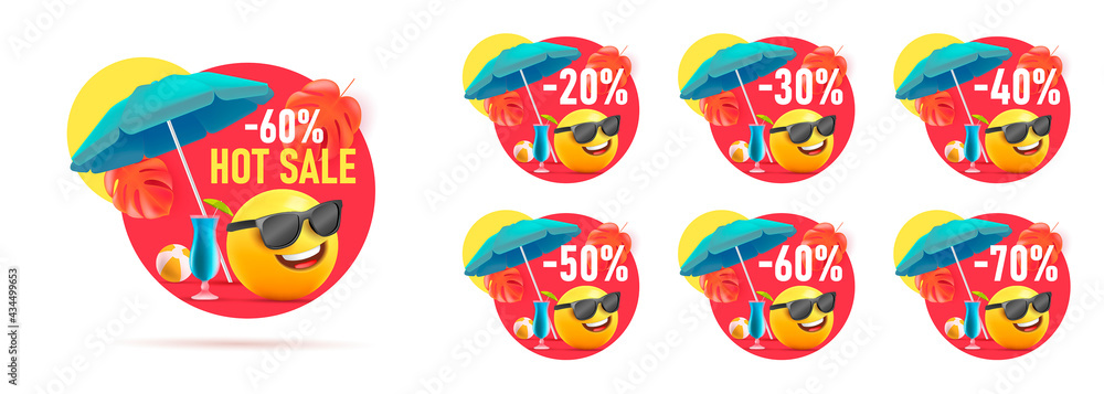 Set of summer sale discount price tags, circle shapes with 3d illustration of smiley face with umbrella and cocktails on tropic beach in sunglasses, with percent discount