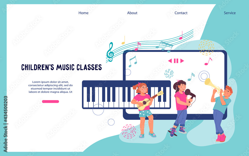 Online musical education for children website template. Video tutorials on learning to play musical instruments and online music school, flat vector illustration. Landing page or web site interface.