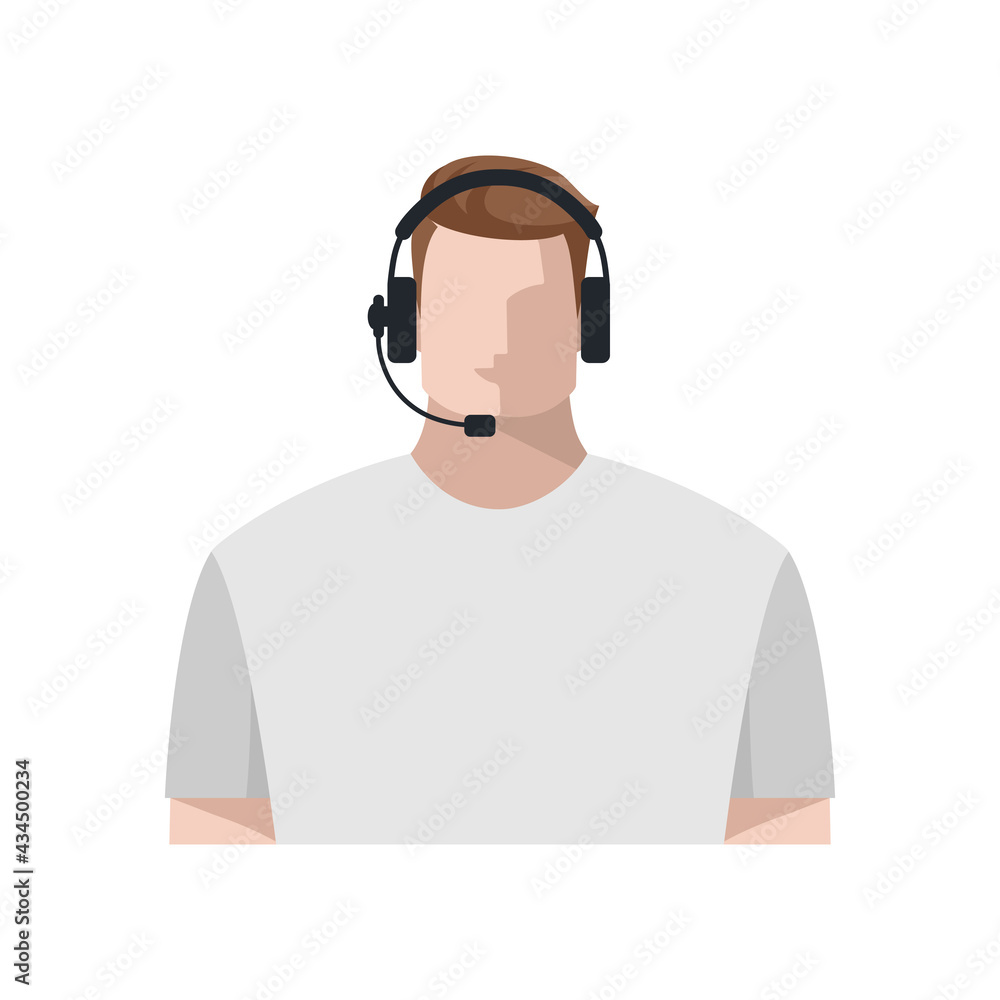 The operator is a young white male online, wearing headphones with a microphone, a headset. Call center employee or support service, blogger, streamer, or freelancer. Color avatar, vector