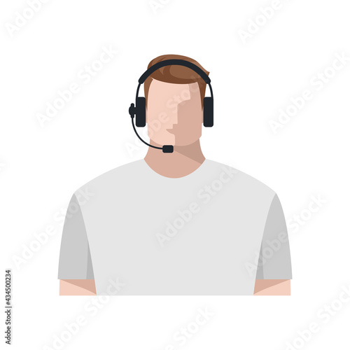 The operator is a young white male online, wearing headphones with a microphone, a headset. Call center employee or support service, blogger, streamer, or freelancer. Color avatar, vector