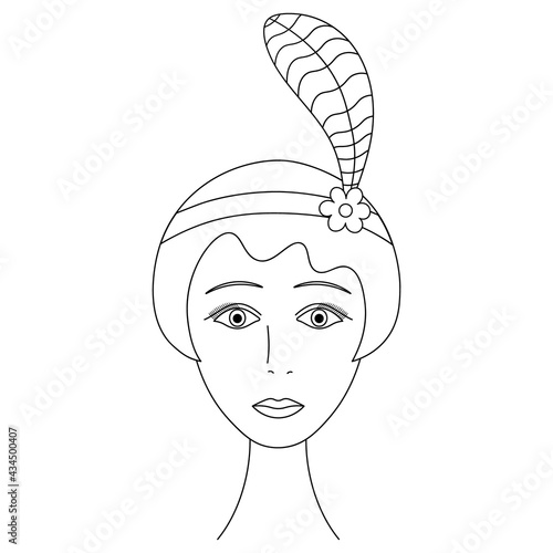 Woman's face. Sketch. Head of a girl from 1920. Vector illustration. Short hair. Hairstyle a la garcon. Headpiece made of a bandage with a brooch in the form of a flower and a feather. Coloring book.