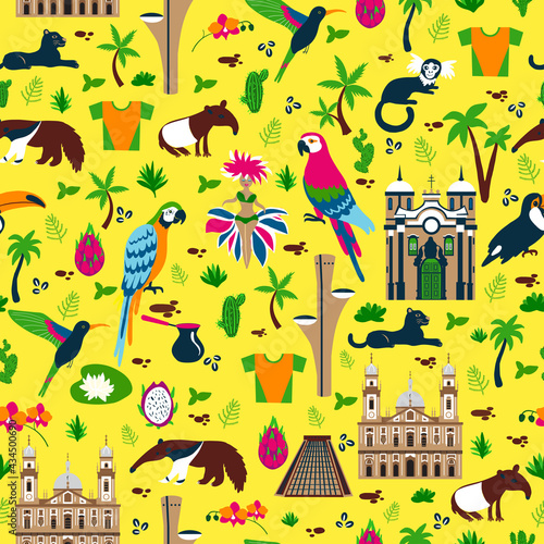 Seamless pattern Brazilian wild animals, plant, decorative landmark, cute symbols, vector illustration isolated on colorful backround, South America fauna, exotic backdrop for design wallpaper