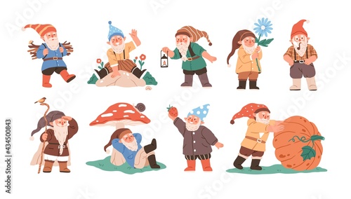 Happy cute little gnomes in autumn. Funny bearded garden dwarfs with lantern, flower, pipe, mushroom and pumpkin. Colored flat vector illustration of fairytale characters isolated on white background