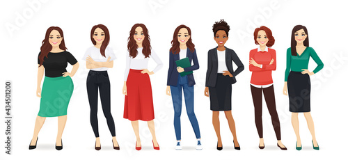 Group of different elegant casual business women standing isolated vector illustration