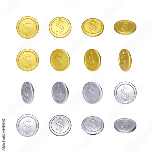 Set of gold and silver coin with dollar symbol. Rotation metallic money. Vector