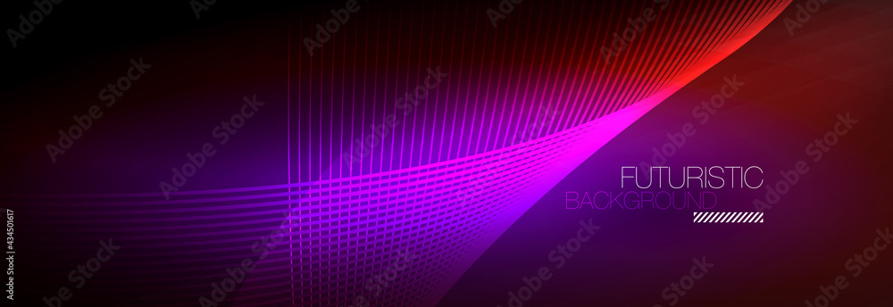 Abstract neon glowing light in the dark with waves. Shiny magic energy and motion concept, vector abstract wallpaper background Abstract neon glowing light in the dark with waves. Shiny magic energy and motion concept, vector abstract wallpaper background