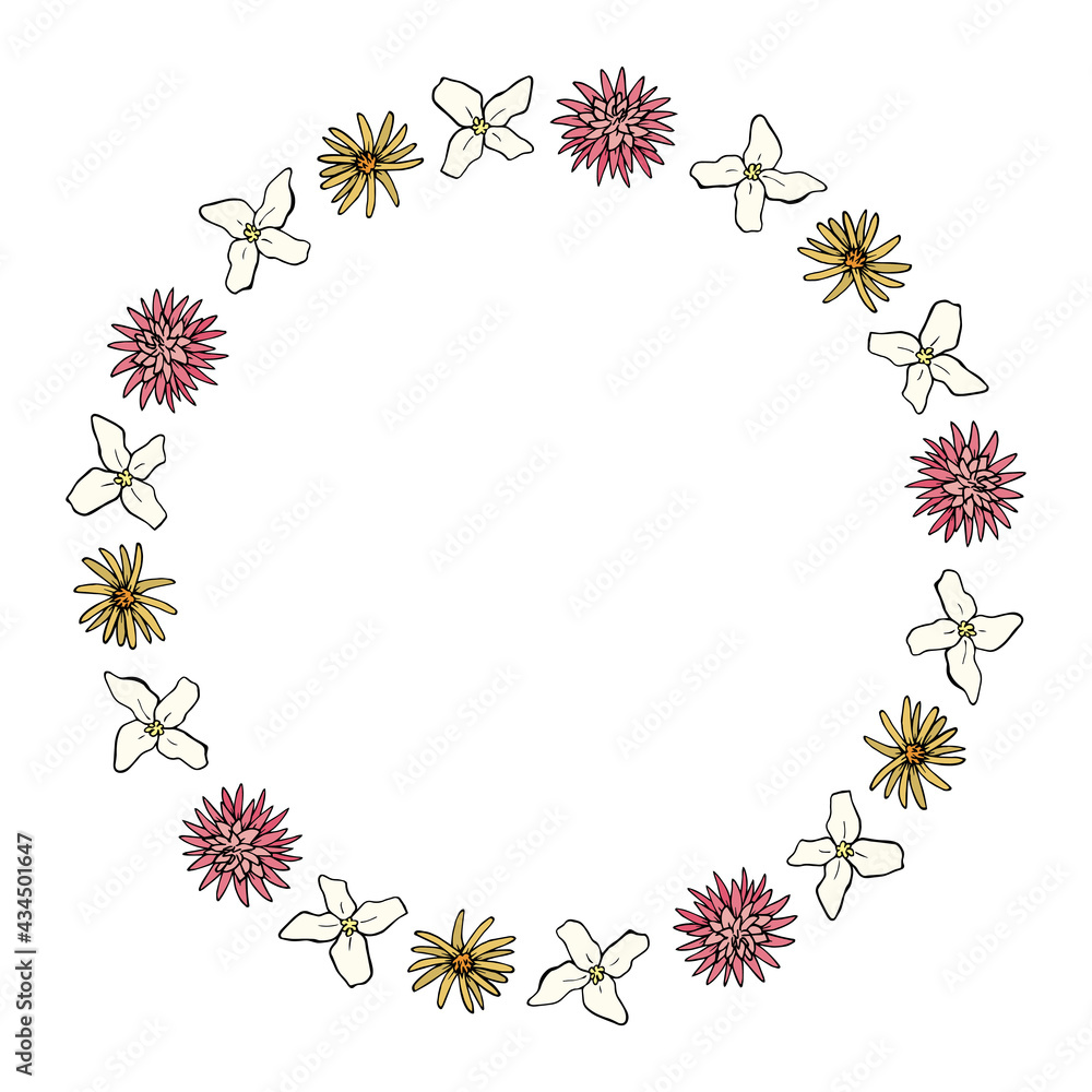 Round frame with light, yellow and pink flowers on white background. Doodle style. Vector image.