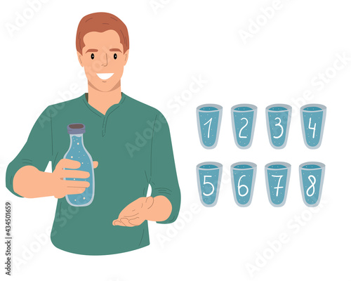 Water balance tracker, great design for any purpose. A young guy holds a water bottle.The concept of healthcare. White background. Healthy lifestyle.