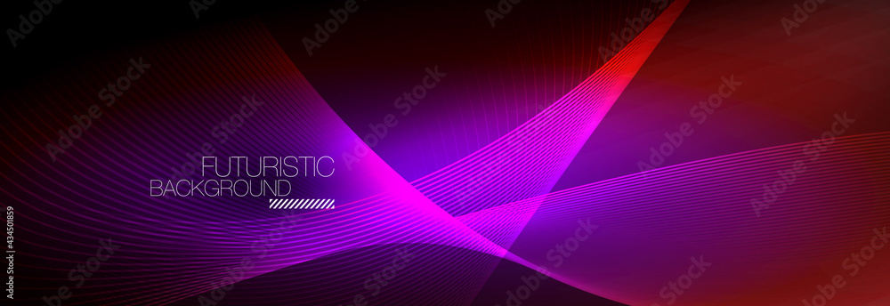 Abstract neon glowing light in the dark with waves. Shiny magic energy and motion concept, vector abstract wallpaper background Abstract neon glowing light in the dark with waves. Shiny magic energy and motion concept, vector abstract wallpaper background