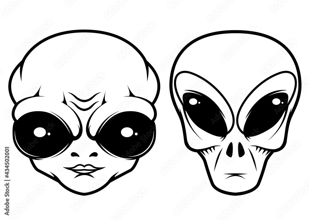 Illustration of head of alien in monochrome style. Design element for logo, label, sign, emblem. Vector illustration