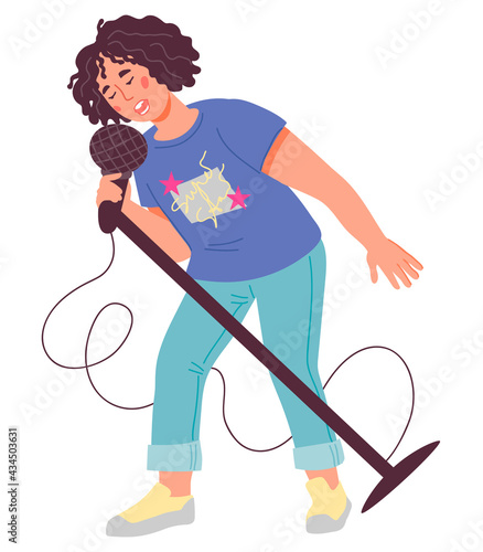 Cute child singer, flat vector isolated on white background. Portrait of school age boy singing in microphone. Cartoon character of talented child performing song for music education topic.