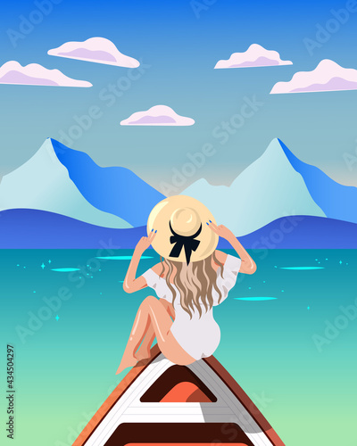 Bikini girl sitting on a boat sailing in the ocean. Summer graphic card. Flat vector illustration