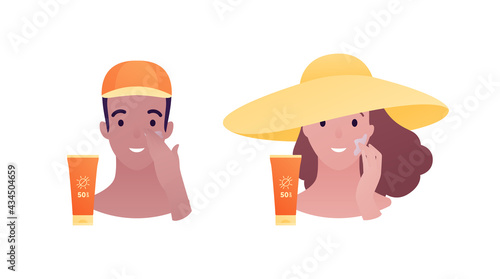 Sun screen protection cream concept. Vector flat illustration. Tan male and female head avatar in hat apply suncream to face. Design for cosmetic industry and dermatology.