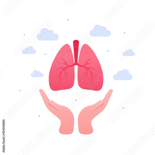 Respiratory system disease treatment and organ transplantation concept. Vector flat medical illustration. Human hand holding lung organ symbol. Design for health care.