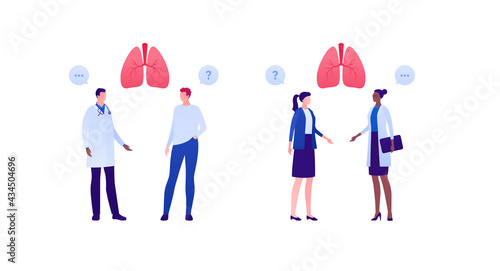 Respiratory system disease treatment and healthcare checkup concept. Vector flat medical person illustration set. Human lung sign. Male and female doctor and patient character. Design for health care.