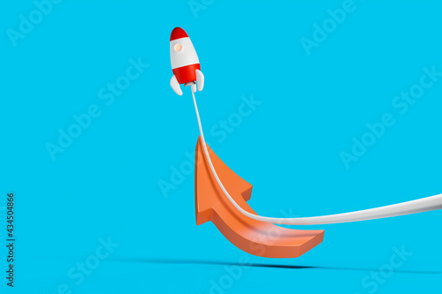 Billede på lærred Cartoon 3D rocket upswing from a red arrown