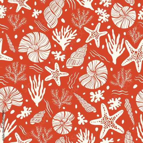 Hand-Drawn Sea Shells, Fossils, Starfish, Corals, Seaweeds, Waves Abstract Vector Seamless Pattern. Summer Beach Seaside Print. Ocean Fashion Textile Red, White Background. Seashore Elements Texture