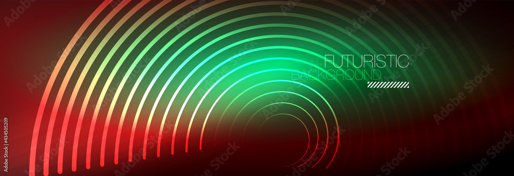 Dark abstract background with glowing neon circles. Trendy layout template for business or technology presentation, internet poster or web brochure cover, wallpaper