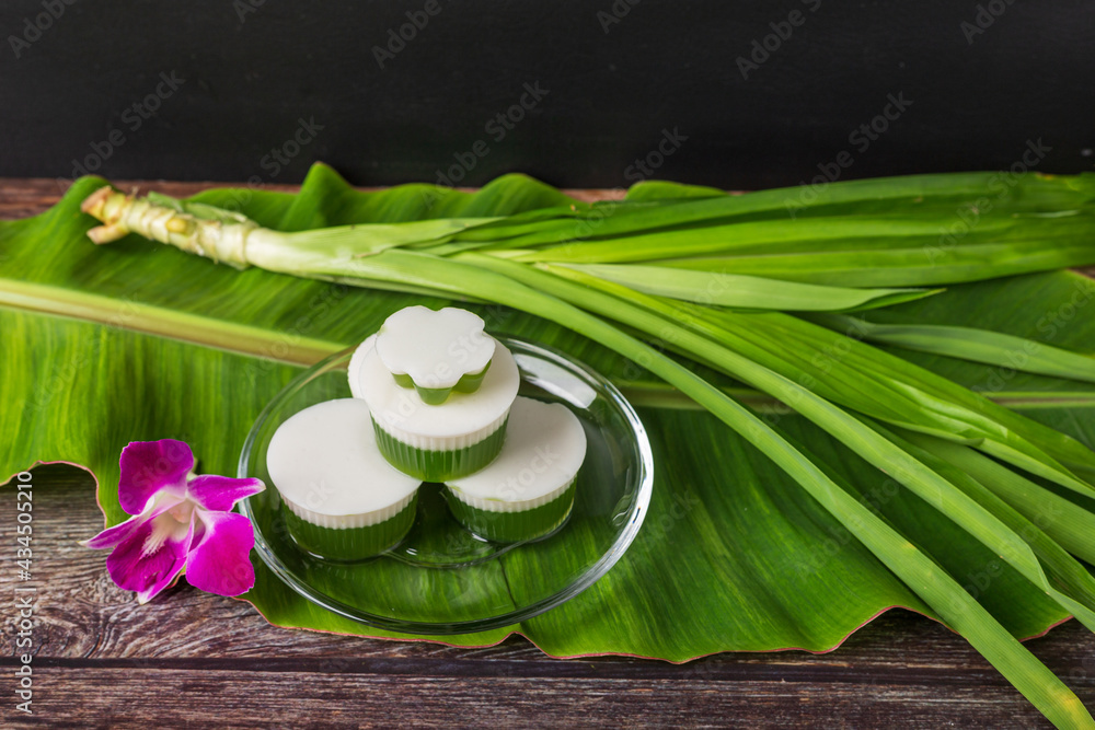 Fotka „Pandan coconut milk jelly served in a plate ready to put on