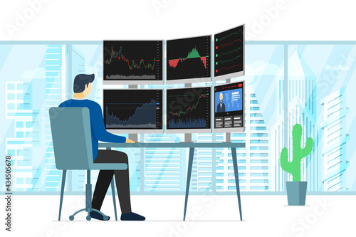 Stock market male trader in office looking at multiple computer screens with financial charts, diagrams and graphs. Business index analysis concept. Man broker exchange trading workplace illustration