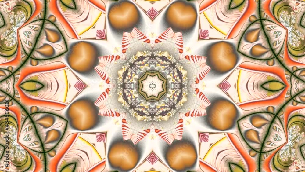 animation of a beautiful multicolored paper abstract texture with a different fractal pattern in the form of stars and flowers in the center and a circular beautiful ornament