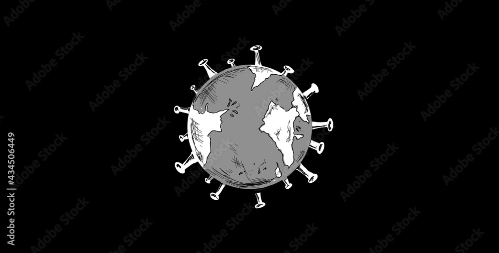 Conceptual design showcasing the whole planet earth covered with the virus/ Corona virus or Covid-19, Pandemic minimal black and white creative art illustration 