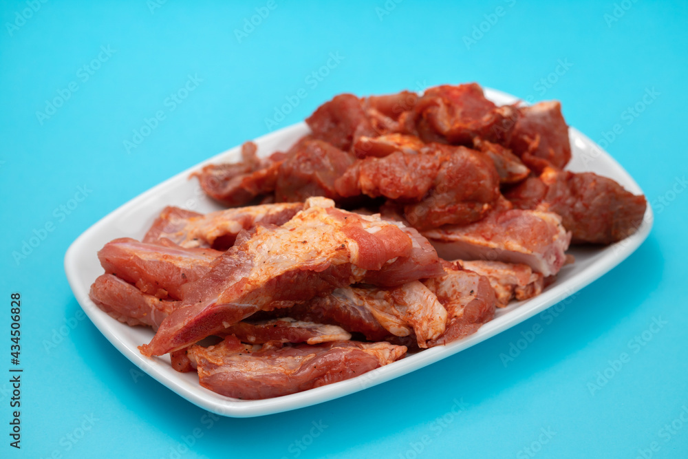 marinated raw meat and ribs on white dish