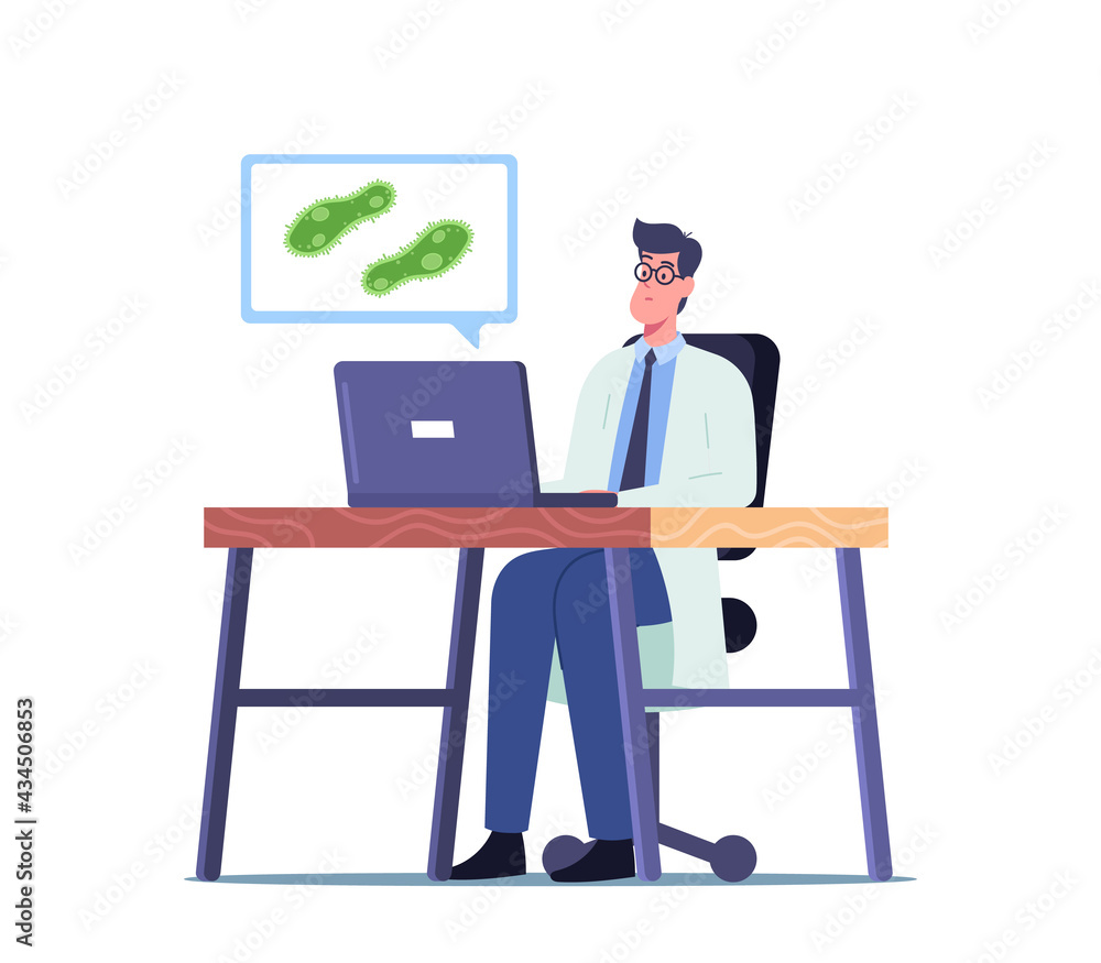 Scientist Male Character Working on Laptop Reading Information and Learning Protozoa Unicellular Paramecium Caudatum