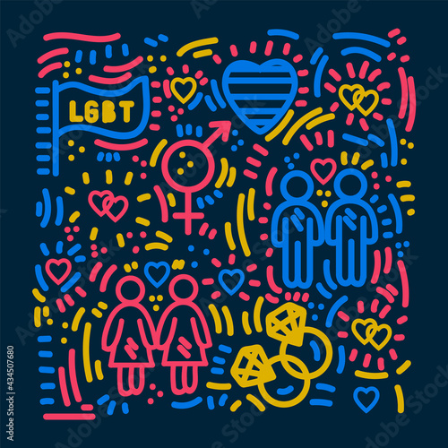 LGBT poster. Gay, Lesbian, Transgender, Bisexual. Beautiful colored background drawn by doodle style LGBT movement. Vector illustration