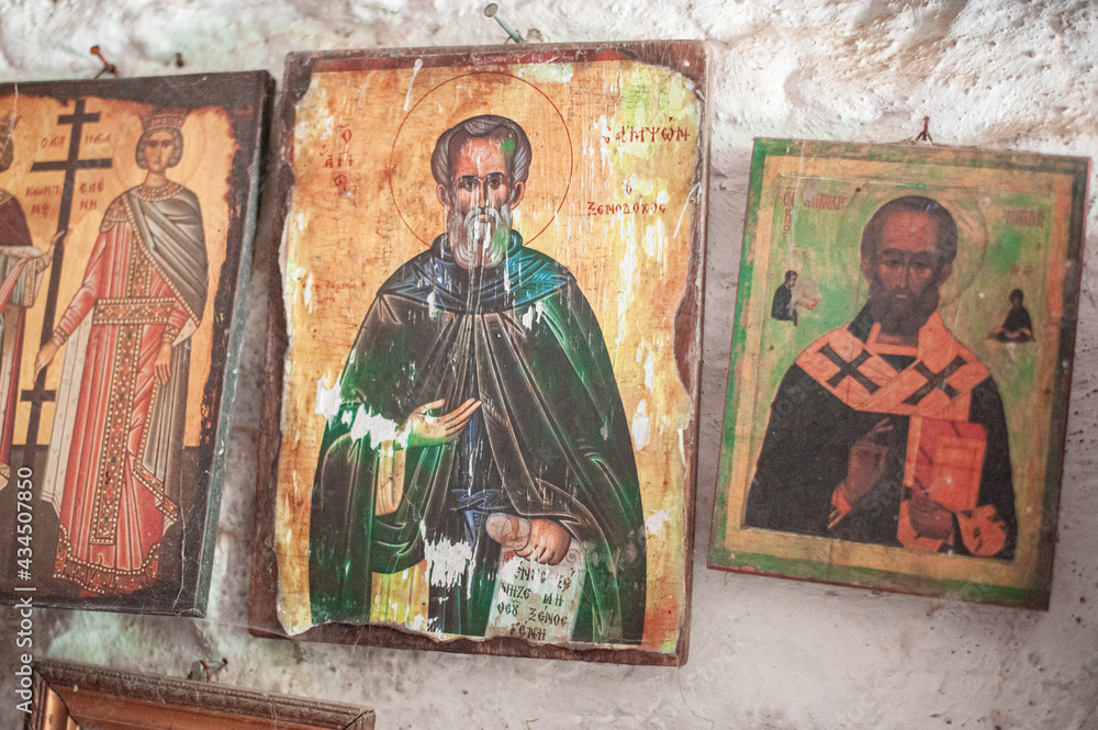 orthodox icons brought by parishioners to the Kaisariani temple Greece