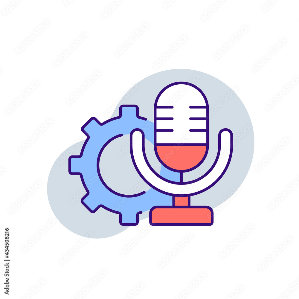 Microphone and gear RGB color icon. Podcast. Thin line flat vector illustration. Microphone and gear RGB color icon. Podcast. Thin line flat vector illustration.