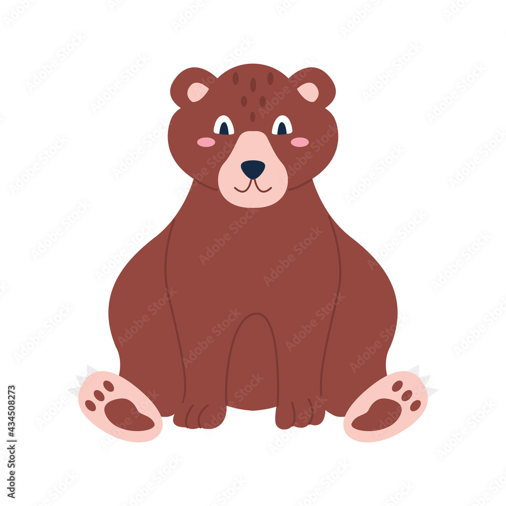 Fototapeta premium Cute brown bear sitting on a white background. Vector image in a flat style. Decor for children's posters, postcards, clothing and interior