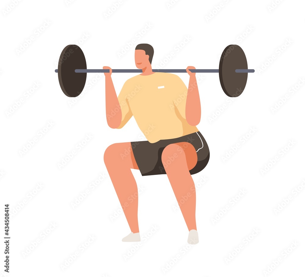 Strong man with bending knees doing high bar squat, lifting barbell. Strength exercise with added weight. Weightlifter's workout. Colored flat vector illustration isolated on white background Strong man with bending knees doing high bar squat, lifting barbell. Strength exercise with added weight. Weightlifter's workout. Colored flat vector illustration isolated on white background
