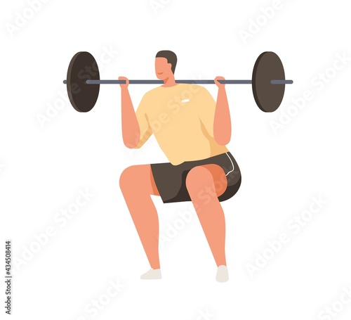 Strong man with bending knees doing high bar squat, lifting barbell. Strength exercise with added weight. Weightlifter's workout. Colored flat vector illustration isolated on white background