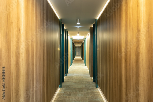 Hotel interior, carpeted corridor hallway with wooden walls