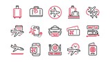 Airport line icons set. Boarding pass, Baggage claim, Arrival. Connecting flight, tickets, pre-order food icons. Passport control, airport baggage carousel, flight mode. Linear set. Vector