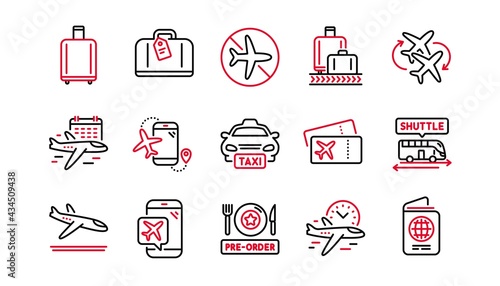 Airport line icons set. Boarding pass, Baggage claim, Arrival. Connecting flight, tickets, pre-order food icons. Passport control, airport baggage carousel, flight mode. Linear set. Vector