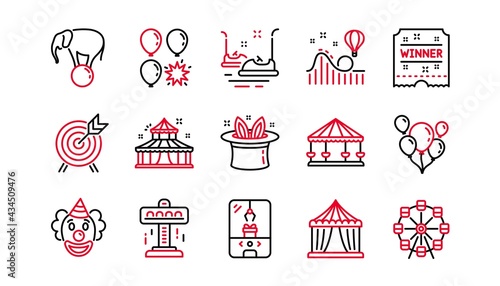 Amusement park line icons. Carousel, Roller coaster and Circus. Clown linear icon set. Linear set. Quality line set. Vector